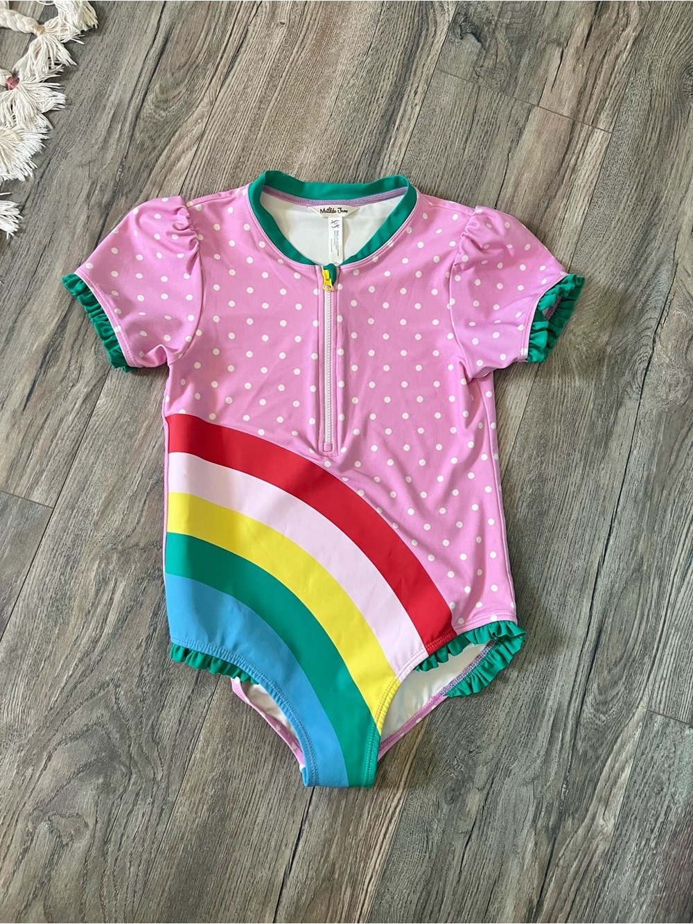 Matilda Jane Pink Polka Dot Swim One-Piece with Rainbow Accent